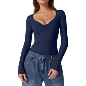 QINSEN Womens Long Sleeve Twist Front V Neck T Shirts Double Lined Slim Fit Trendy Top Tee(Estate Blue)