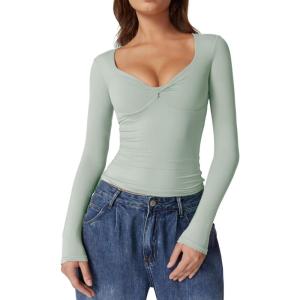 QINSEN Womens Long Sleeve Twist Front V Neck T Shirts Double Lined Slim Fit Trendy Top Tee(Green)