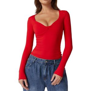 QINSEN Womens Long Sleeve Twist Front V Neck T Shirts Double Lined Slim Fit Trendy Top Tee(Red)