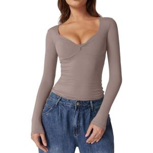 QINSEN Womens Long Sleeve Twist Front V Neck T Shirts Double Lined Slim Fit Trendy Top Tee(Warm Taupe)