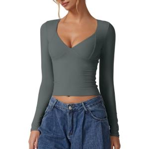 QINSEN Women’s Long Sleeve V Neck T Shirts Double Lined Crop Top Seamed Cup Going Out Tops(Army Green)