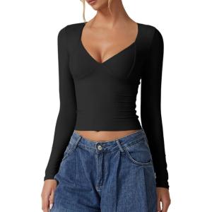 QINSEN Women’s Long Sleeve V Neck T Shirts Double Lined Crop Top Seamed Cup Going Out Tops(Black)