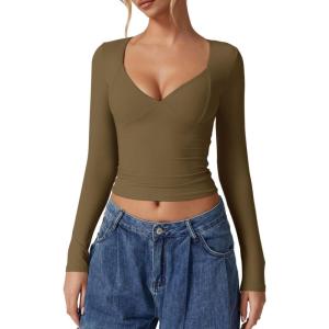 QINSEN Women’s Long Sleeve V Neck T Shirts Double Lined Crop Top Seamed Cup Going Out Tops(Capulet Olive)