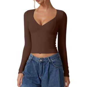 QINSEN Women’s Long Sleeve V Neck T Shirts Double Lined Crop Top Seamed Cup Going Out Tops(Coffee Bean)