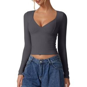 QINSEN Women’s Long Sleeve V Neck T Shirts Double Lined Crop Top Seamed Cup Going Out Tops(Dark Grey)