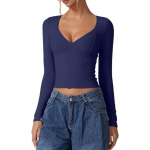QINSEN Women’s Long Sleeve V Neck T Shirts Double Lined Crop Top Seamed Cup Going Out Tops(Estate Blue)