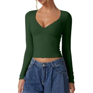 QINSEN Women’s Long Sleeve V Neck T Shirts Double Lined Crop Top Seamed Cup Going Out Tops(Forest Green)