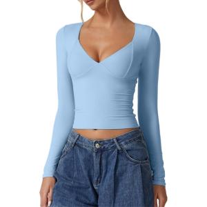 QINSEN Women’s Long Sleeve V Neck T Shirts Double Lined Crop Top Seamed Cup Going Out Tops(Light Blue)