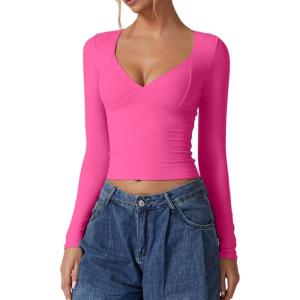 QINSEN Women’s Long Sleeve V Neck T Shirts Double Lined Crop Top Seamed Cup Going Out Tops(Magenta)