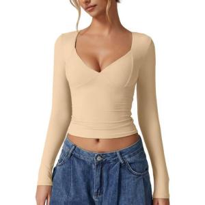 QINSEN Women’s Long Sleeve V Neck T Shirts Double Lined Crop Top Seamed Cup Going Out Tops(Marzipan)