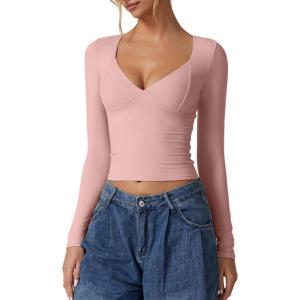 QINSEN Women’s Long Sleeve V Neck T Shirts Double Lined Crop Top Seamed Cup Going Out Tops(Pink)