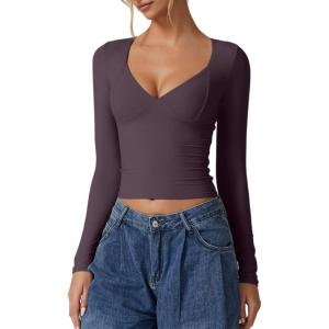 QINSEN Women’s Long Sleeve V Neck T Shirts Double Lined Crop Top Seamed Cup Going Out Tops(Prune Purple)