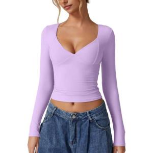 QINSEN Women’s Long Sleeve V Neck T Shirts Double Lined Crop Top Seamed Cup Going Out Tops(Purple)