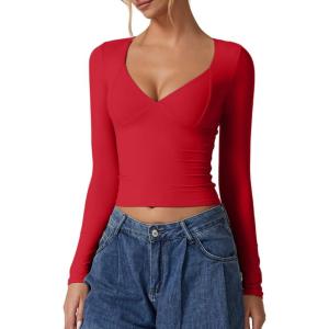 QINSEN Women’s Long Sleeve V Neck T Shirts Double Lined Crop Top Seamed Cup Going Out Tops(Red)