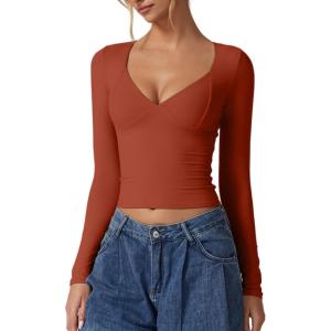 QINSEN Women’s Long Sleeve V Neck T Shirts Double Lined Crop Top Seamed Cup Going Out Tops(Rooibos Tea)