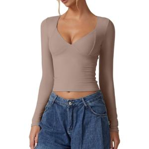 QINSEN Women’s Long Sleeve V Neck T Shirts Double Lined Crop Top Seamed Cup Going Out Tops(Rose Taupe)