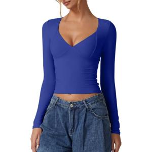 QINSEN Women’s Long Sleeve V Neck T Shirts Double Lined Crop Top Seamed Cup Going Out Tops(Sapphire Blue)
