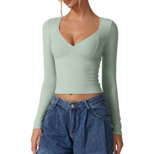 QINSEN Women’s Long Sleeve V Neck T Shirts Double Lined Crop Top Seamed Cup Going Out Tops(Smoke Green)