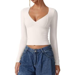 QINSEN Women’s Long Sleeve V Neck T Shirts Double Lined Crop Top Seamed Cup Going Out Tops(Splashed White)