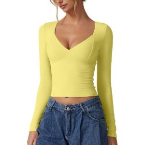 QINSEN Women’s Long Sleeve V Neck T Shirts Double Lined Crop Top Seamed Cup Going Out Tops(Yellow)