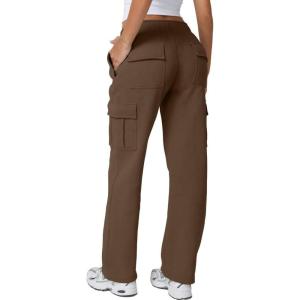 QINSEN Womens Medium Waist Baggy Elastic Waist Sweatpants Casual Fleece Long Pants with Pockets(Chestnut)