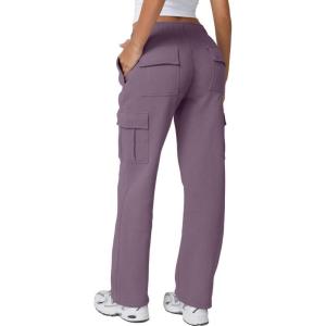QINSEN Womens Medium Waist Baggy Elastic Waist Sweatpants Casual Fleece Long Pants with Pockets(Lavender)