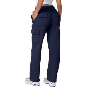 QINSEN Womens Medium Waist Baggy Elastic Waist Sweatpants Casual Fleece Long Pants with Pockets(Navy)