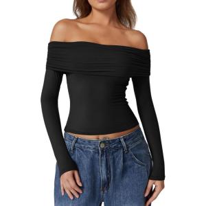 QINSEN Womens Off The Shoulder Tops Double Lined Long Sleeve T Shirts Slim Fitted Stretchy Crop Top(Black)