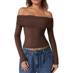 QINSEN Womens Off The Shoulder Tops Double Lined Long Sleeve T Shirts Slim Fitted Stretchy Crop Top(Chestnut)