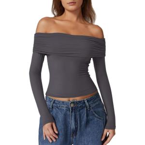 QINSEN Womens Off The Shoulder Tops Double Lined Long Sleeve T Shirts Slim Fitted Stretchy Crop Top(Dark Grey)