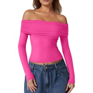 QINSEN Womens Off The Shoulder Tops Double Lined Long Sleeve T Shirts Slim Fitted Stretchy Crop Top(Magenta)