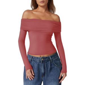 QINSEN Womens Off The Shoulder Tops Double Lined Long Sleeve T Shirts Slim Fitted Stretchy Crop Top(Merlot)
