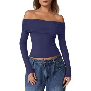 QINSEN Womens Off The Shoulder Tops Double Lined Long Sleeve T Shirts Slim Fitted Stretchy Crop Top(Navy Blue)