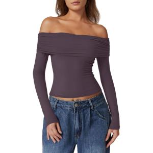 QINSEN Womens Off The Shoulder Tops Double Lined Long Sleeve T Shirts Slim Fitted Stretchy Crop Top(Prune Purple)