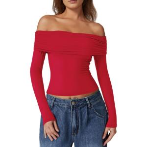 QINSEN Womens Off The Shoulder Tops Double Lined Long Sleeve T Shirts Slim Fitted Stretchy Crop Top(Red)