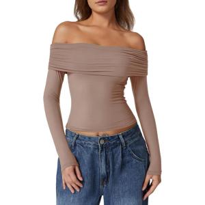 QINSEN Womens Off The Shoulder Tops Double Lined Long Sleeve T Shirts Slim Fitted Stretchy Crop Top(Rose Taupe)