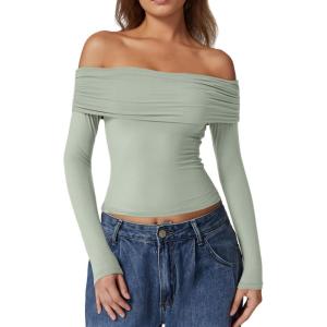 QINSEN Womens Off The Shoulder Tops Double Lined Long Sleeve T Shirts Slim Fitted Stretchy Crop Top(Smoke Green)