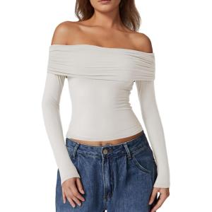 QINSEN Womens Off The Shoulder Tops Double Lined Long Sleeve T Shirts Slim Fitted Stretchy Crop Top(Splashed White)