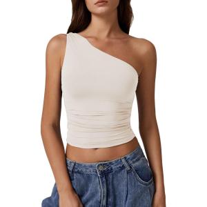 QINSEN Women’s One Shoulder Tank Tops Double Lined Sleeveless Slim Fit Cropped Tee Shirt Y2k Tops(Beige)