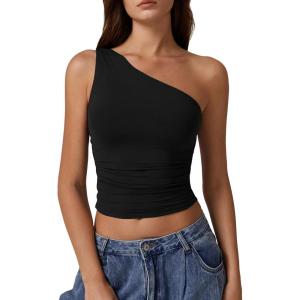 QINSEN Women’s One Shoulder Tank Tops Double Lined Sleeveless Slim Fit Cropped Tee Shirt Y2k Tops(Black)