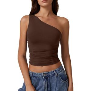 QINSEN Women’s One Shoulder Tank Tops Double Lined Sleeveless Slim Fit Cropped Tee Shirt Y2k Tops(Coffee Bean)