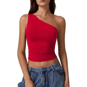 QINSEN Women’s One Shoulder Tank Tops Double Lined Sleeveless Slim Fit Cropped Tee Shirt Y2k Tops(Fairy Red)