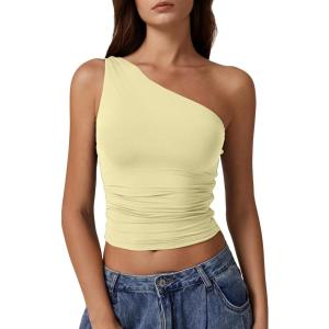 QINSEN Women’s One Shoulder Tank Tops Double Lined Sleeveless Slim Fit Cropped Tee Shirt Y2k Tops(Light Yellow)