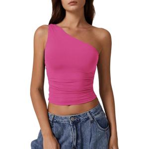 QINSEN Women’s One Shoulder Tank Tops Double Lined Sleeveless Slim Fit Cropped Tee Shirt Y2k Tops(Magenta)