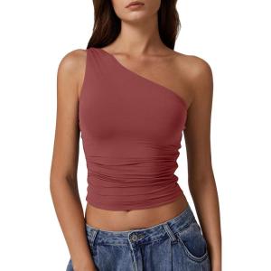 QINSEN Women’s One Shoulder Tank Tops Double Lined Sleeveless Slim Fit Cropped Tee Shirt Y2k Tops(Merlot)