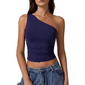 QINSEN Women’s One Shoulder Tank Tops Double Lined Sleeveless Slim Fit Cropped Tee Shirt Y2k Tops(Navy)
