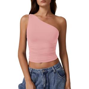 QINSEN Women’s One Shoulder Tank Tops Double Lined Sleeveless Slim Fit Cropped Tee Shirt Y2k Tops(Pink)