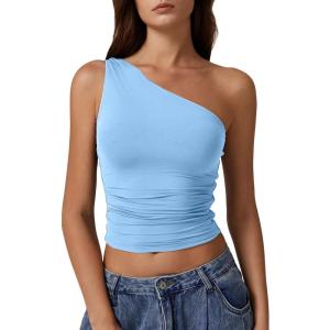 QINSEN Women’s One Shoulder Tank Tops Double Lined Sleeveless Slim Fit Cropped Tee Shirt Y2k Tops(Sky Blue)