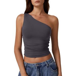 QINSEN Women’s One Shoulder Tank Tops Double Lined Sleeveless Slim Fit Cropped Tee Shirt Y2k Tops(Tea Leaf)