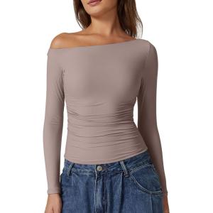 QINSEN Women’s Sexy Off Shoulder Shirt Long Sleeve Double Lined Tops Side Ruched Fitted Tees(Rose Taupe)